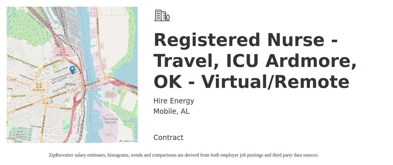 Hire Energy job posting for a Registered Nurse - Travel, ICU Ardmore, OK - Virtual/Remote in Mobile, AL with a salary of $1,940 to $2,740 Weekly with a map of Mobile location.