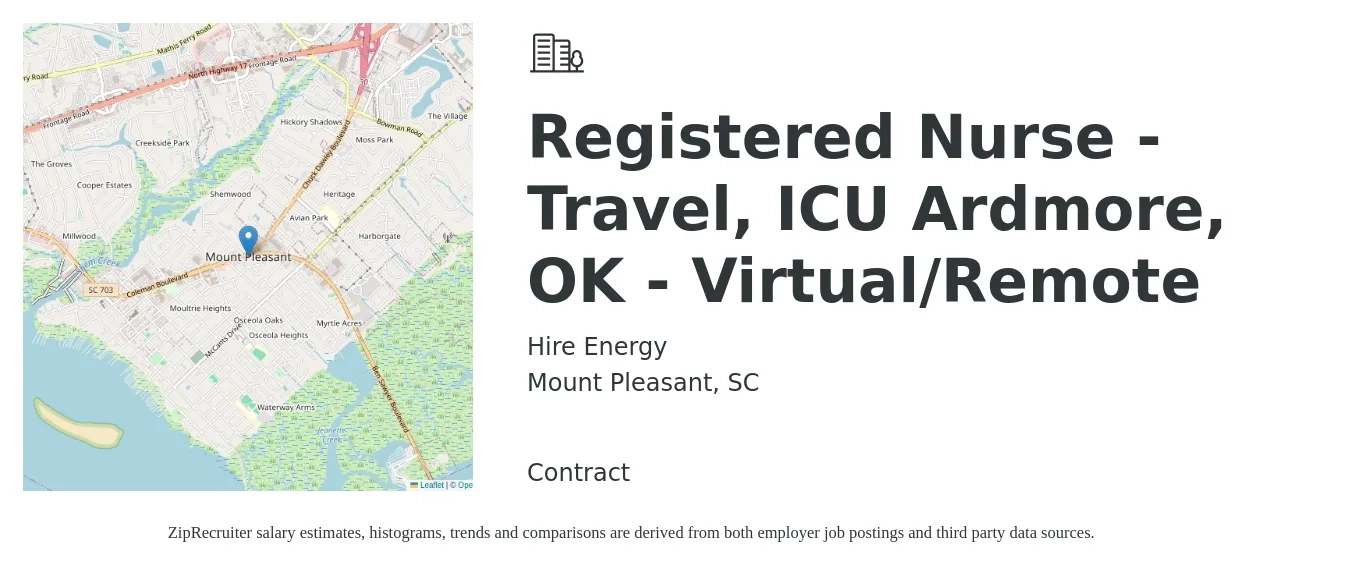 Hire Energy job posting for a Registered Nurse - Travel, ICU Ardmore, OK - Virtual/Remote in Mount Pleasant, SC with a salary of $1,870 to $2,640 Weekly with a map of Mount Pleasant location.