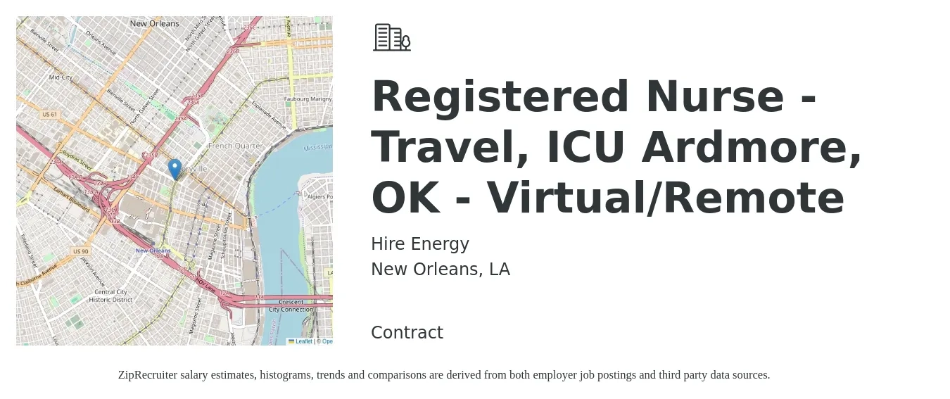 Hire Energy job posting for a Registered Nurse - Travel, ICU Ardmore, OK - Virtual/Remote in New Orleans, LA with a salary of $1,880 to $2,650 Weekly with a map of New Orleans location.