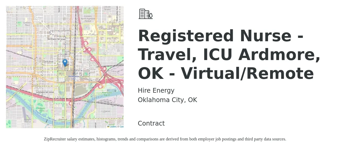 Hire Energy job posting for a Registered Nurse - Travel, ICU Ardmore, OK - Virtual/Remote in Oklahoma City, OK with a salary of $1,820 to $2,560 Weekly with a map of Oklahoma City location.