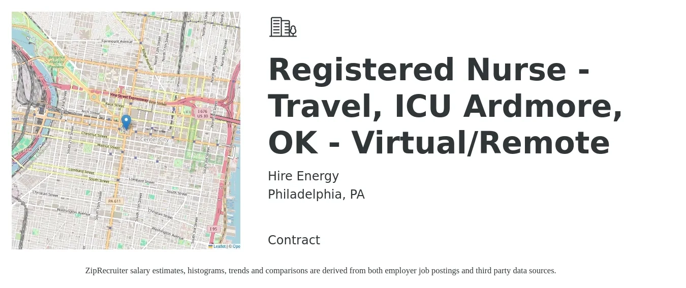 Hire Energy job posting for a Registered Nurse - Travel, ICU Ardmore, OK - Virtual/Remote in Philadelphia, PA with a salary of $1,980 to $2,790 Weekly with a map of Philadelphia location.