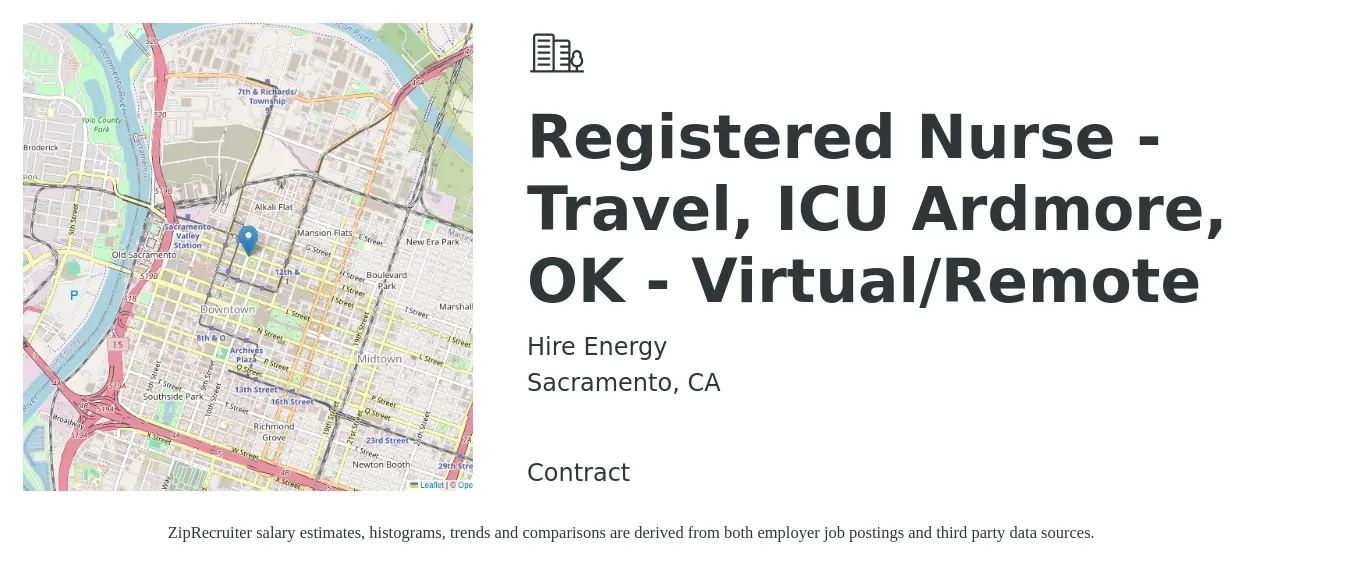 Hire Energy job posting for a Registered Nurse - Travel, ICU Ardmore, OK - Virtual/Remote in Sacramento, CA with a salary of $2,090 to $2,940 Weekly with a map of Sacramento location.