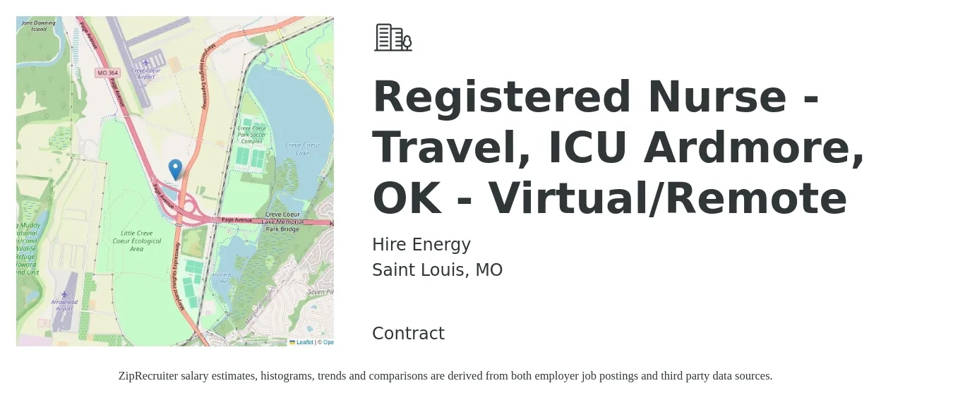 Hire Energy job posting for a Registered Nurse - Travel, ICU Ardmore, OK - Virtual/Remote in Saint Louis, MO with a salary of $1,910 to $2,680 Weekly with a map of Saint Louis location.