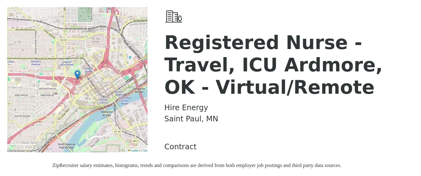 Hire Energy job posting for a Registered Nurse - Travel, ICU Ardmore, OK - Virtual/Remote in Saint Paul, MN with a salary of $1,980 to $2,790 Weekly with a map of Saint Paul location.