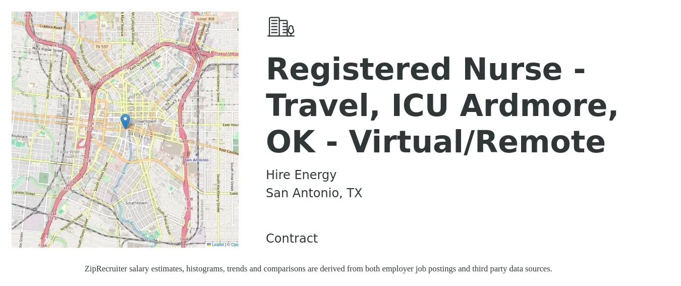 Hire Energy job posting for a Registered Nurse - Travel, ICU Ardmore, OK - Virtual/Remote in San Antonio, TX with a salary of $1,770 to $2,490 Weekly with a map of San Antonio location.