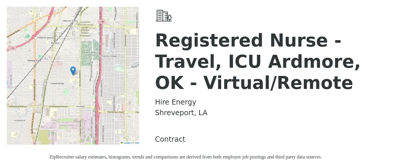 Hire Energy job posting for a Registered Nurse - Travel, ICU Ardmore, OK - Virtual/Remote in Shreveport, LA with a salary of $1,940 to $2,740 Weekly with a map of Shreveport location.