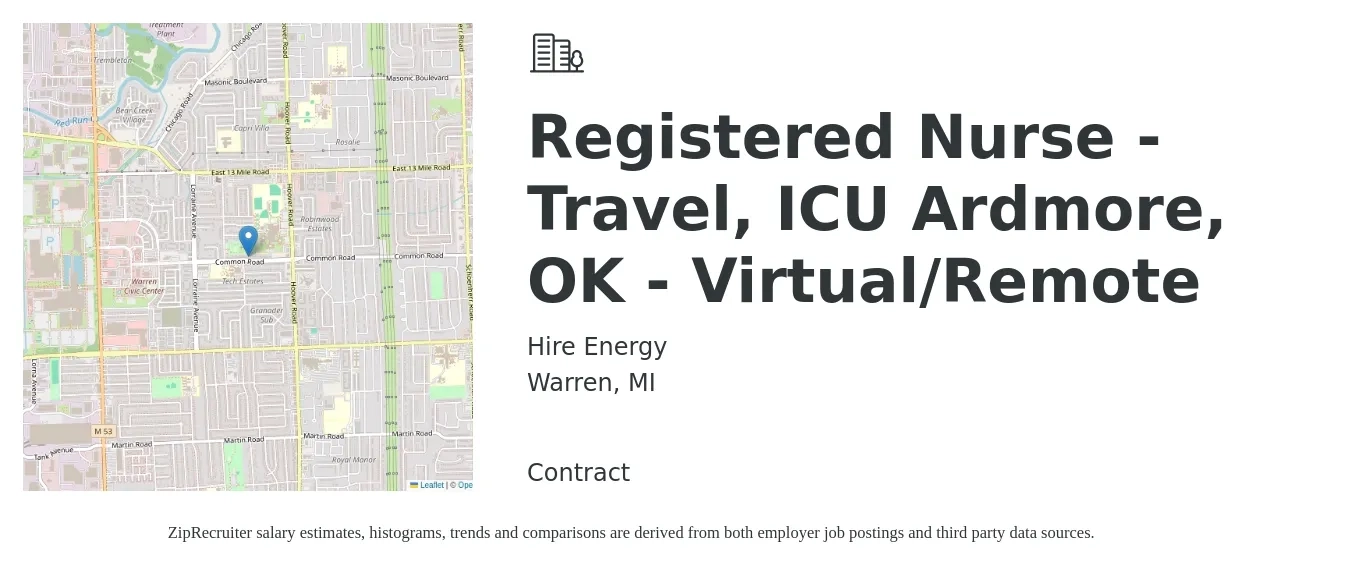 Hire Energy job posting for a Registered Nurse - Travel, ICU Ardmore, OK - Virtual/Remote in Warren, MI with a salary of $1,840 to $2,590 Weekly with a map of Warren location.