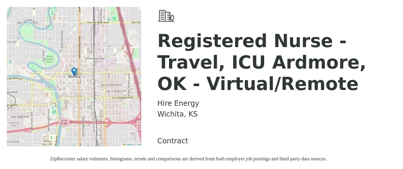 Hire Energy job posting for a Registered Nurse - Travel, ICU Ardmore, OK - Virtual/Remote in Wichita, KS with a salary of $1,750 to $2,470 Weekly with a map of Wichita location.