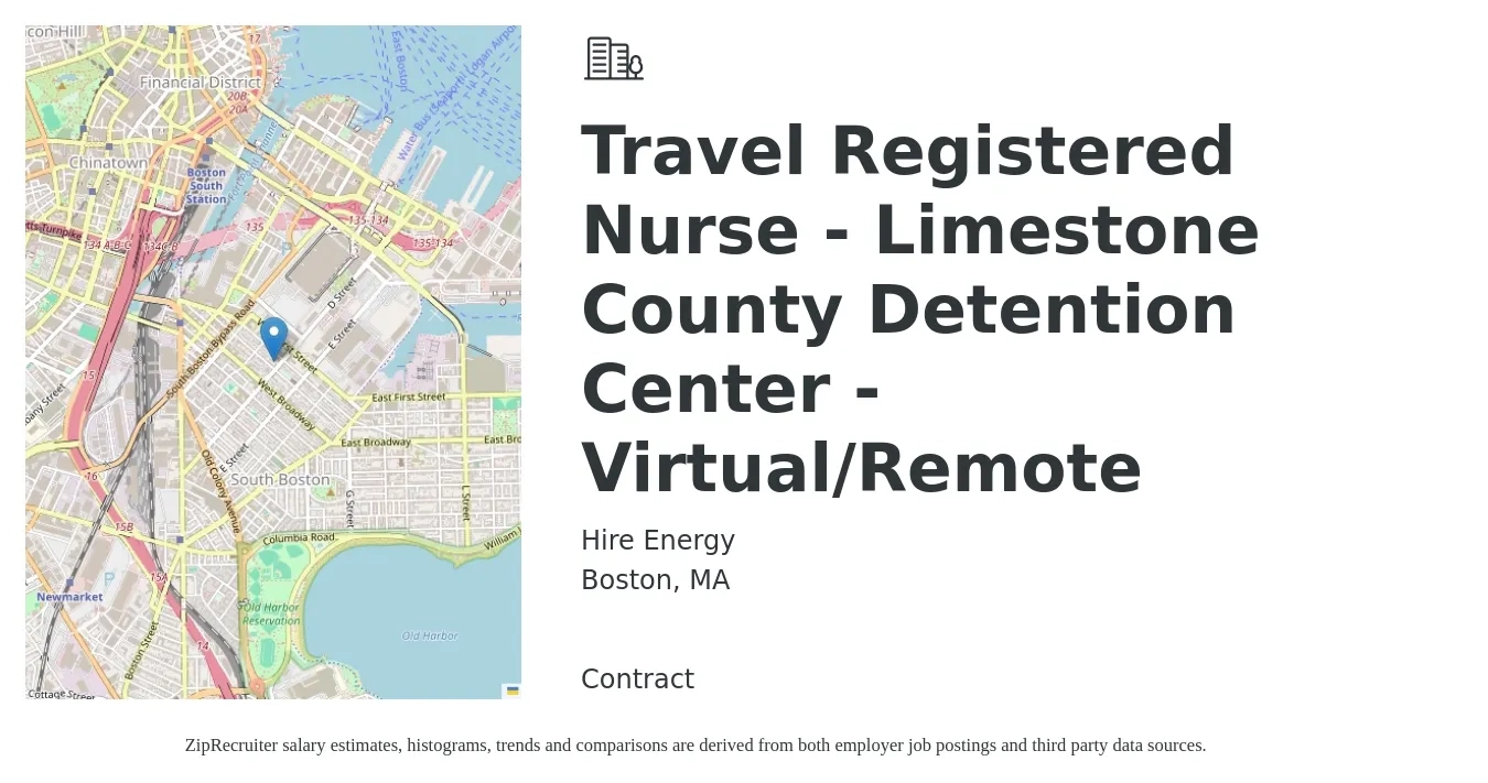 Hire Energy job posting for a Travel Registered Nurse - Limestone County Detention Center - Virtual/Remote in Boston, MA with a salary of $2,120 to $3,050 Weekly with a map of Boston location.