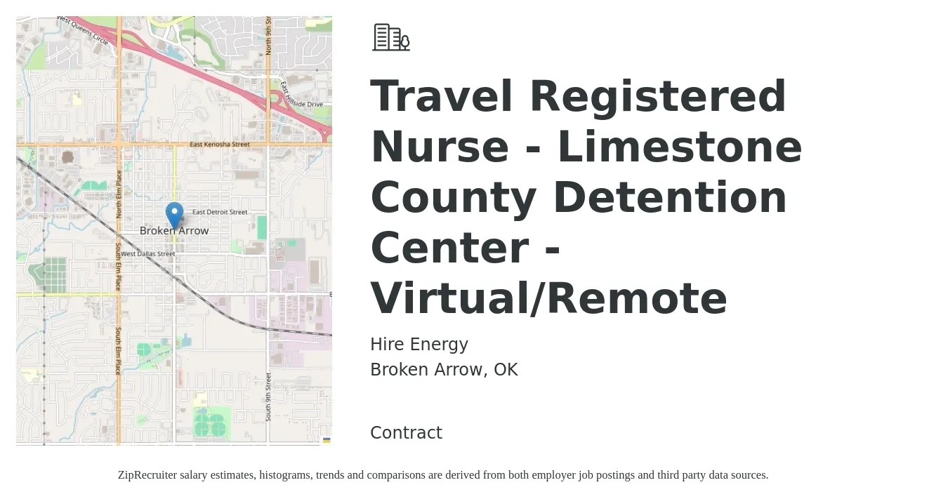 Hire Energy job posting for a Travel Registered Nurse - Limestone County Detention Center - Virtual/Remote in Broken Arrow, OK with a salary of $1,710 to $2,460 Weekly with a map of Broken Arrow location.
