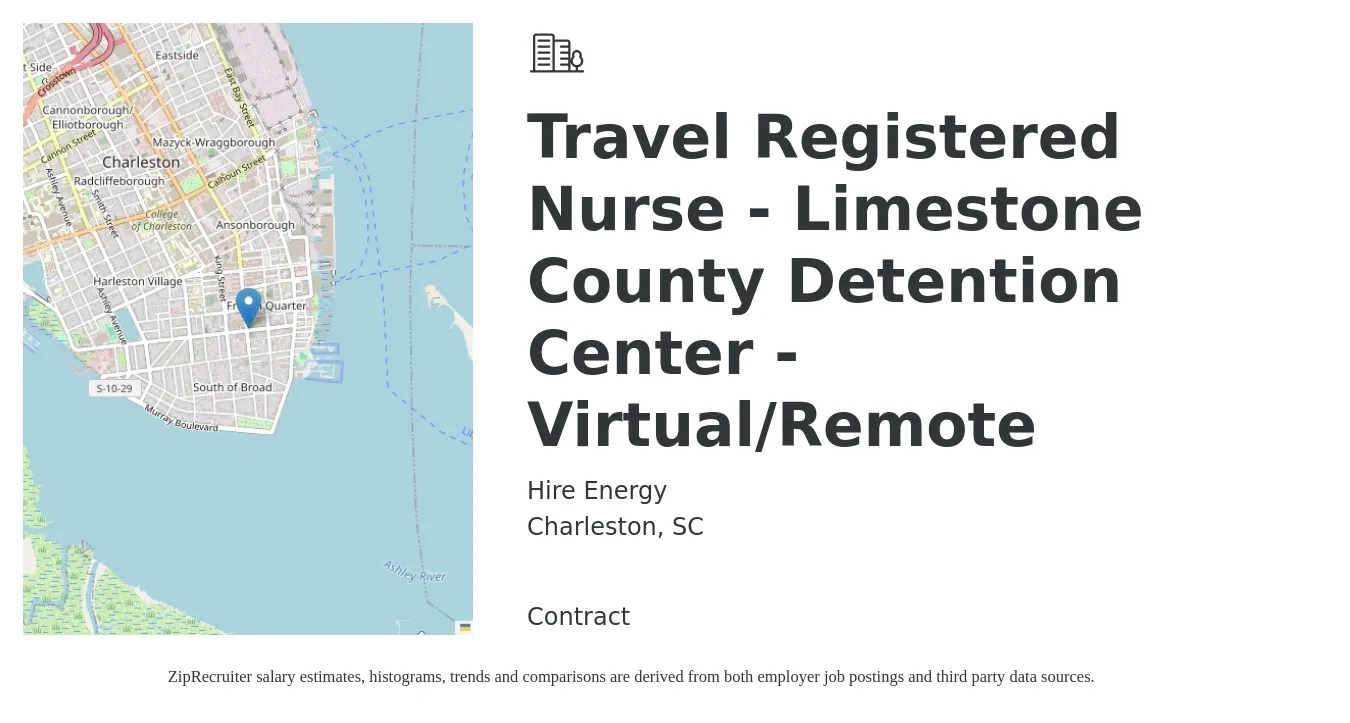 Hire Energy job posting for a Travel Registered Nurse - Limestone County Detention Center - Virtual/Remote in Charleston, SC with a salary of $1,820 to $2,630 Weekly with a map of Charleston location.