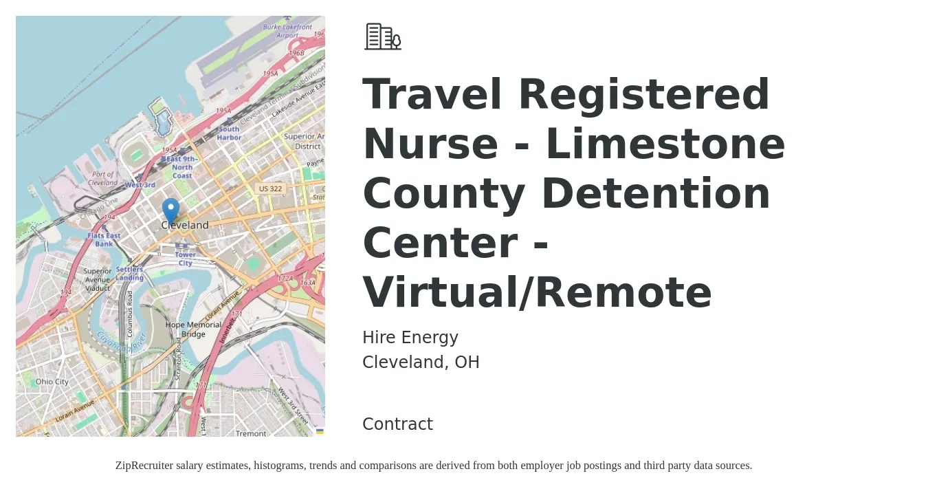 Hire Energy job posting for a Travel Registered Nurse - Limestone County Detention Center - Virtual/Remote in Cleveland, OH with a salary of $1,890 to $2,730 Weekly with a map of Cleveland location.