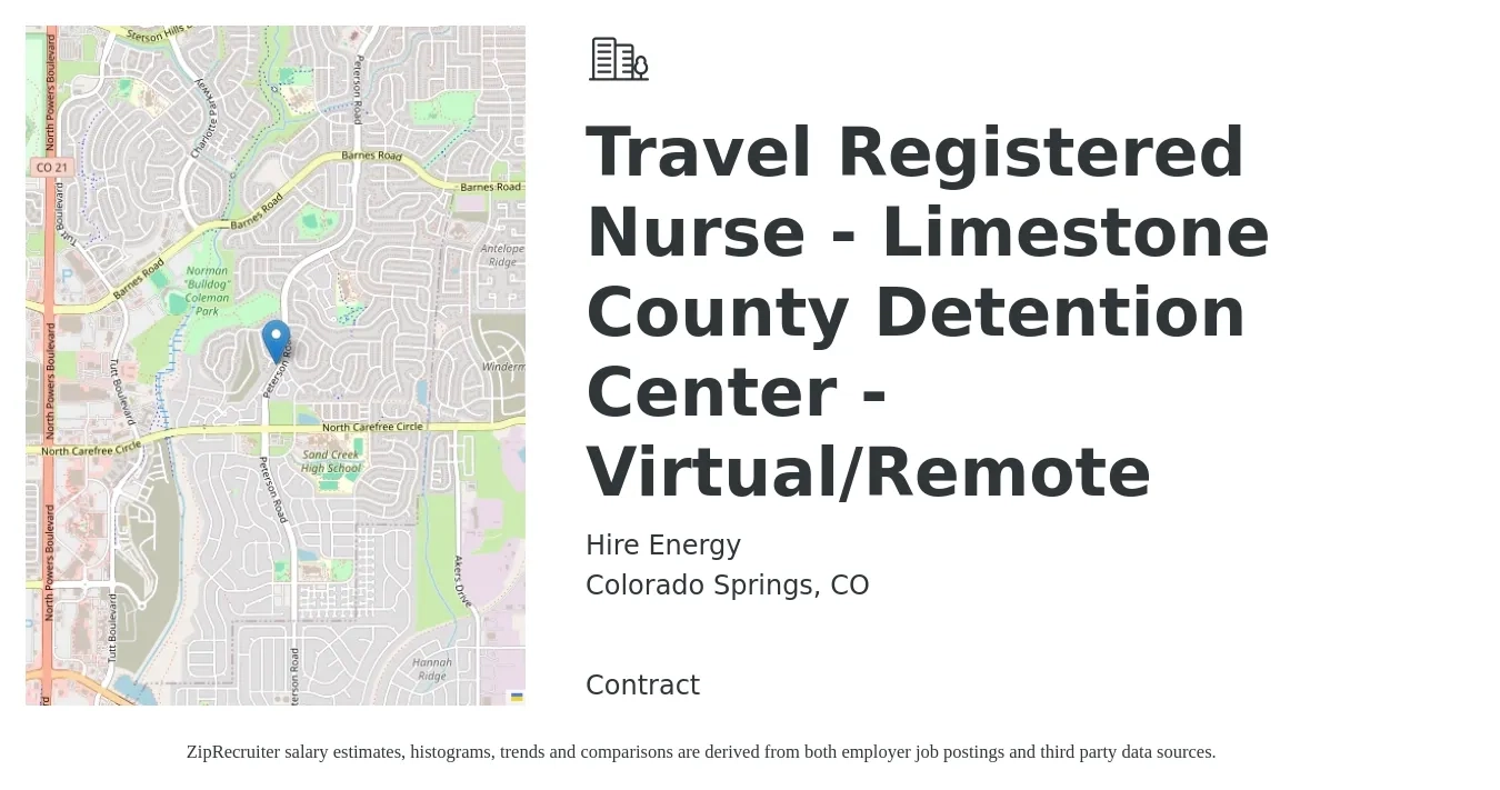 Hire Energy job posting for a Travel Registered Nurse - Limestone County Detention Center - Virtual/Remote in Colorado Springs, CO with a salary of $1,920 to $2,770 Weekly with a map of Colorado Springs location.