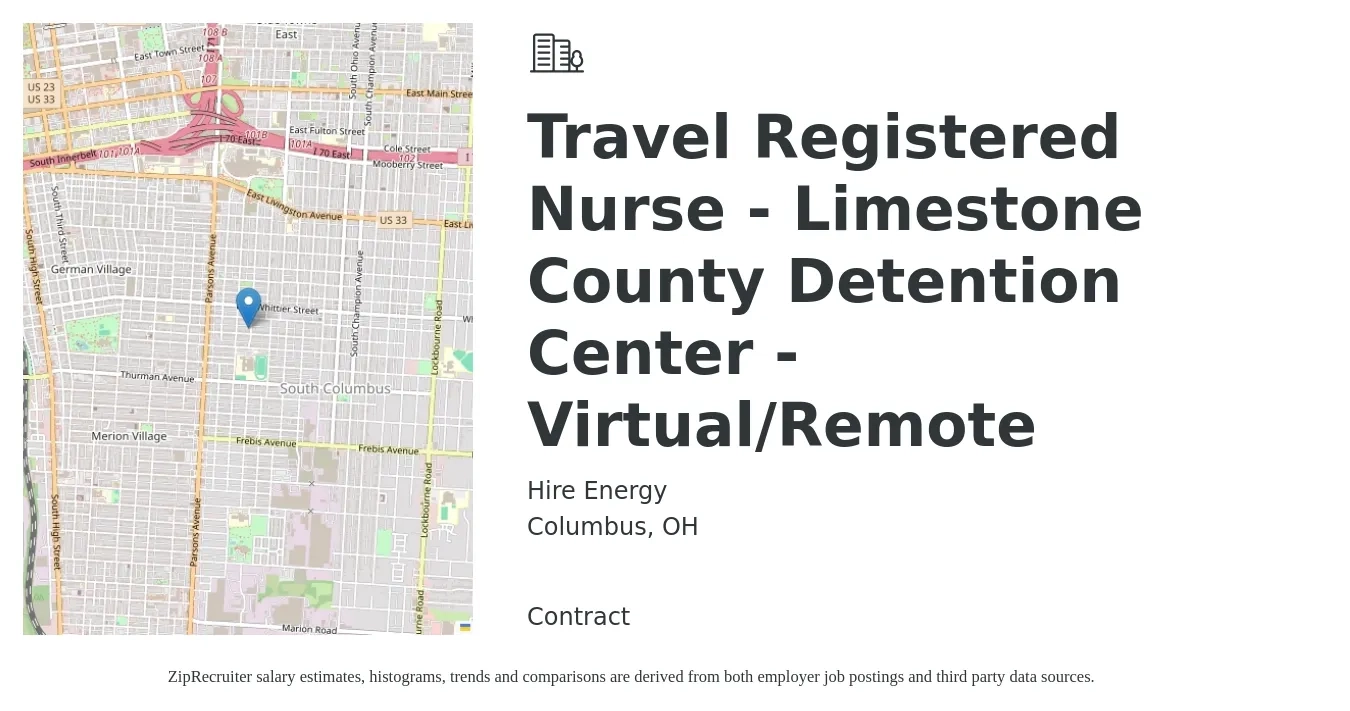Hire Energy job posting for a Travel Registered Nurse - Limestone County Detention Center - Virtual/Remote in Columbus, OH with a salary of $1,880 to $2,710 Weekly with a map of Columbus location.