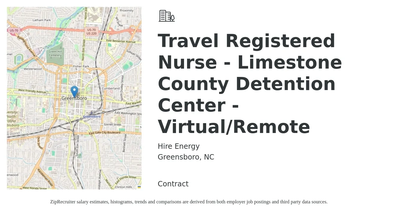 Hire Energy job posting for a Travel Registered Nurse - Limestone County Detention Center - Virtual/Remote in Greensboro, NC with a salary of $1,890 to $2,720 Weekly with a map of Greensboro location.
