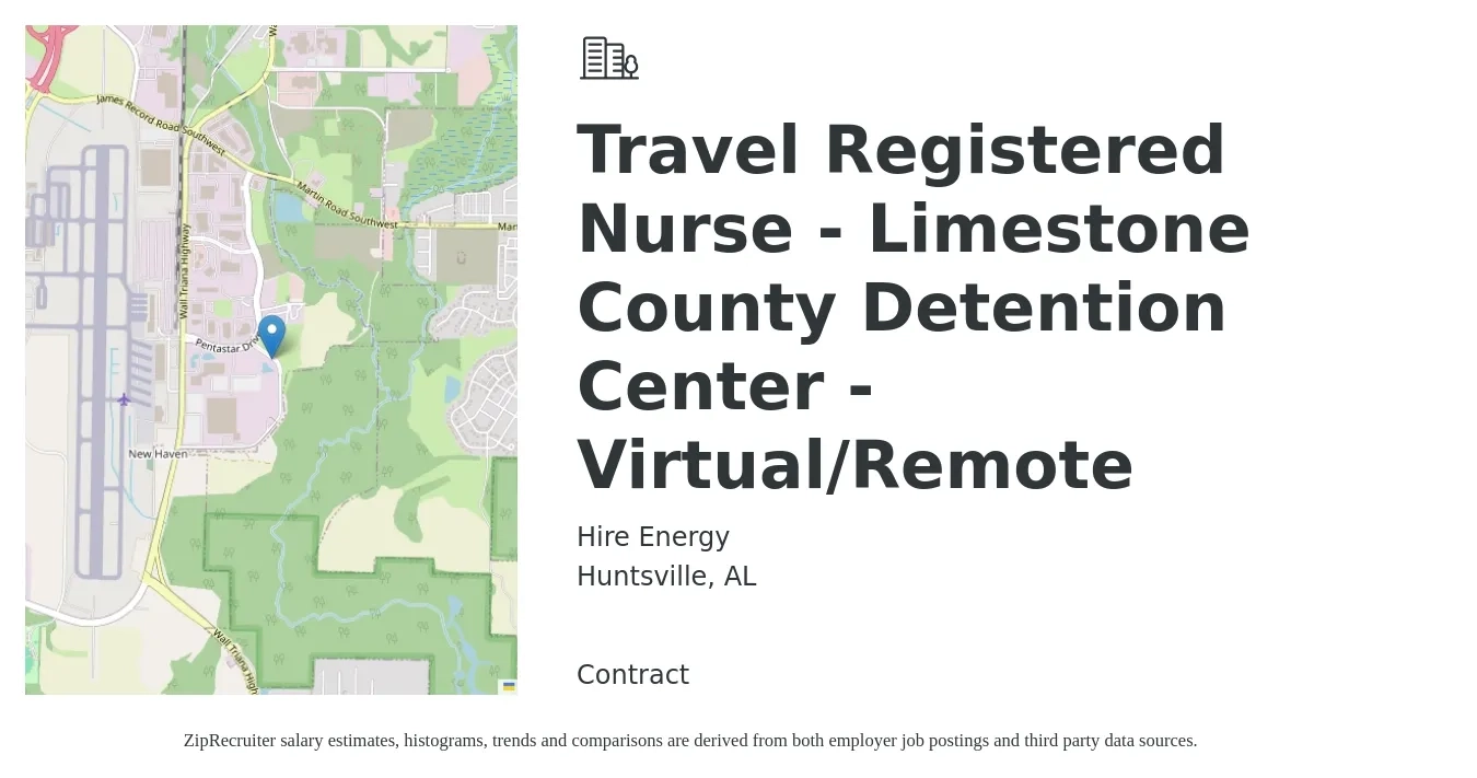Hire Energy job posting for a Travel Registered Nurse - Limestone County Detention Center - Virtual/Remote in Huntsville, AL with a salary of $1,920 to $2,770 Weekly with a map of Huntsville location.