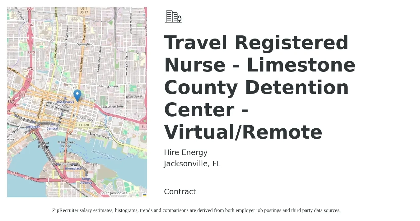 Hire Energy job posting for a Travel Registered Nurse - Limestone County Detention Center - Virtual/Remote in Jacksonville, FL with a salary of $1,810 to $2,600 Weekly with a map of Jacksonville location.