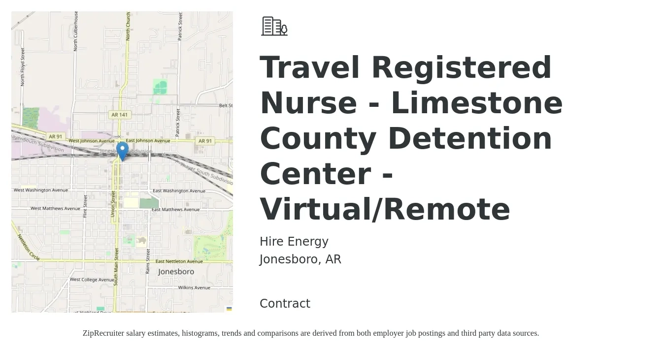 Hire Energy job posting for a Travel Registered Nurse - Limestone County Detention Center - Virtual/Remote in Jonesboro, AR with a salary of $1,950 to $2,800 Weekly with a map of Jonesboro location.