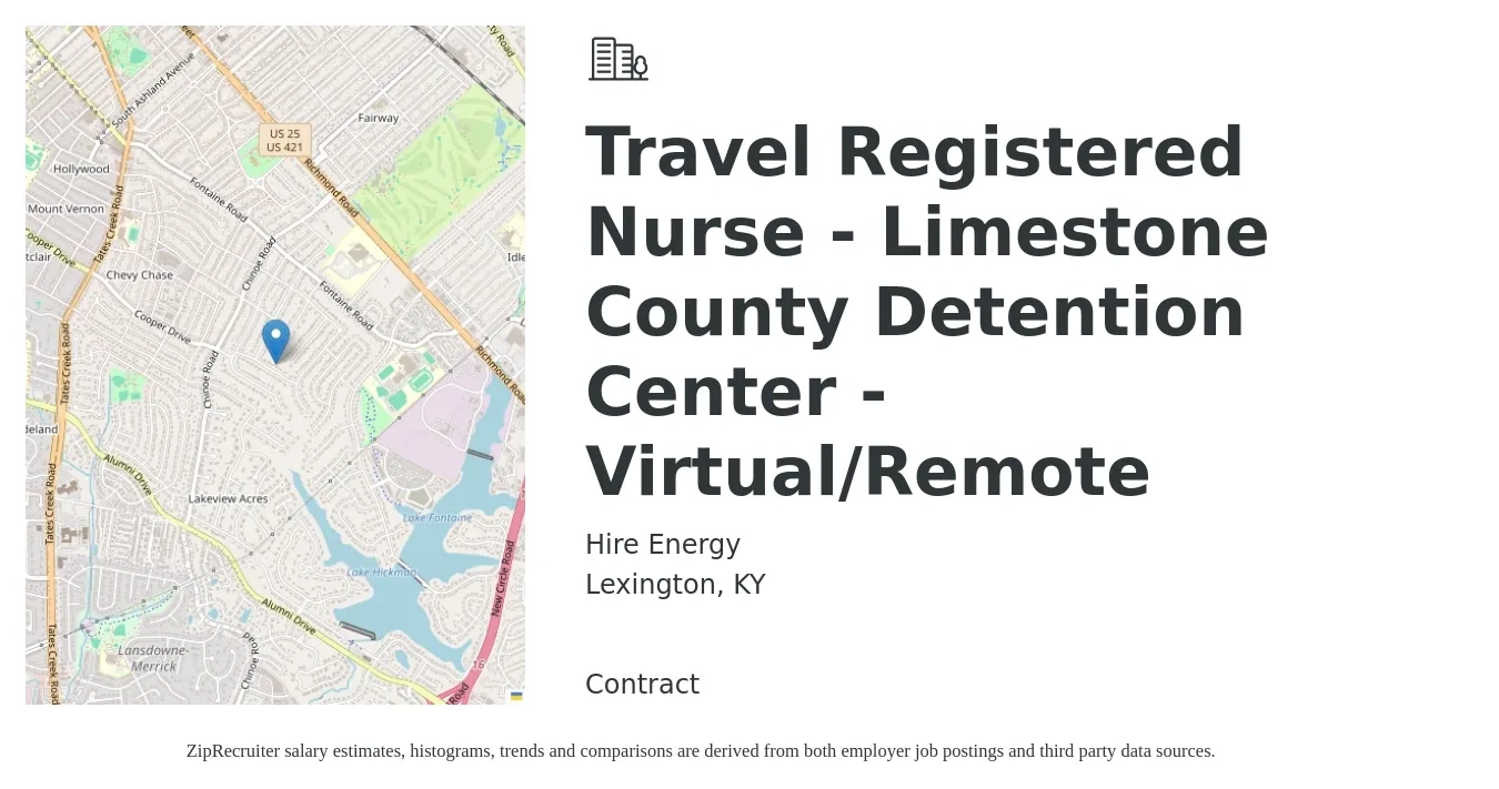 Hire Energy job posting for a Travel Registered Nurse - Limestone County Detention Center - Virtual/Remote in Lexington, KY with a salary of $1,940 to $2,790 Weekly with a map of Lexington location.