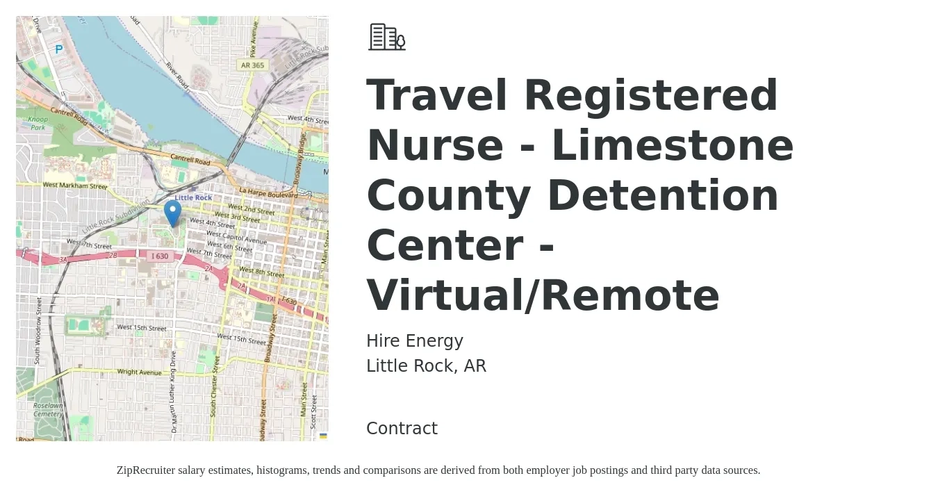 Hire Energy job posting for a Travel Registered Nurse - Limestone County Detention Center - Virtual/Remote in Little Rock, AR with a salary of $1,870 to $2,700 Weekly with a map of Little Rock location.