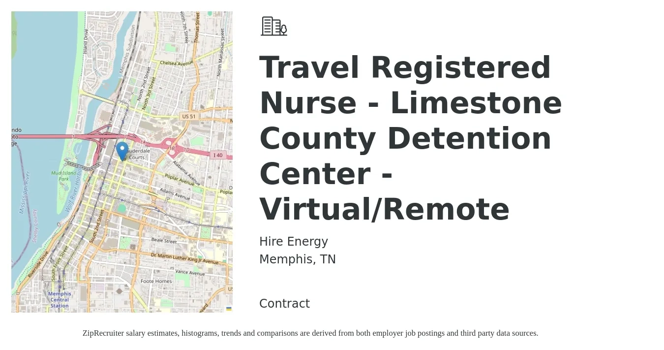 Hire Energy job posting for a Travel Registered Nurse - Limestone County Detention Center - Virtual/Remote in Memphis, TN with a salary of $1,890 to $2,730 Weekly with a map of Memphis location.