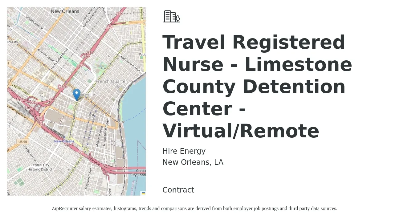 Hire Energy job posting for a Travel Registered Nurse - Limestone County Detention Center - Virtual/Remote in New Orleans, LA with a salary of $1,870 to $2,700 Weekly with a map of New Orleans location.