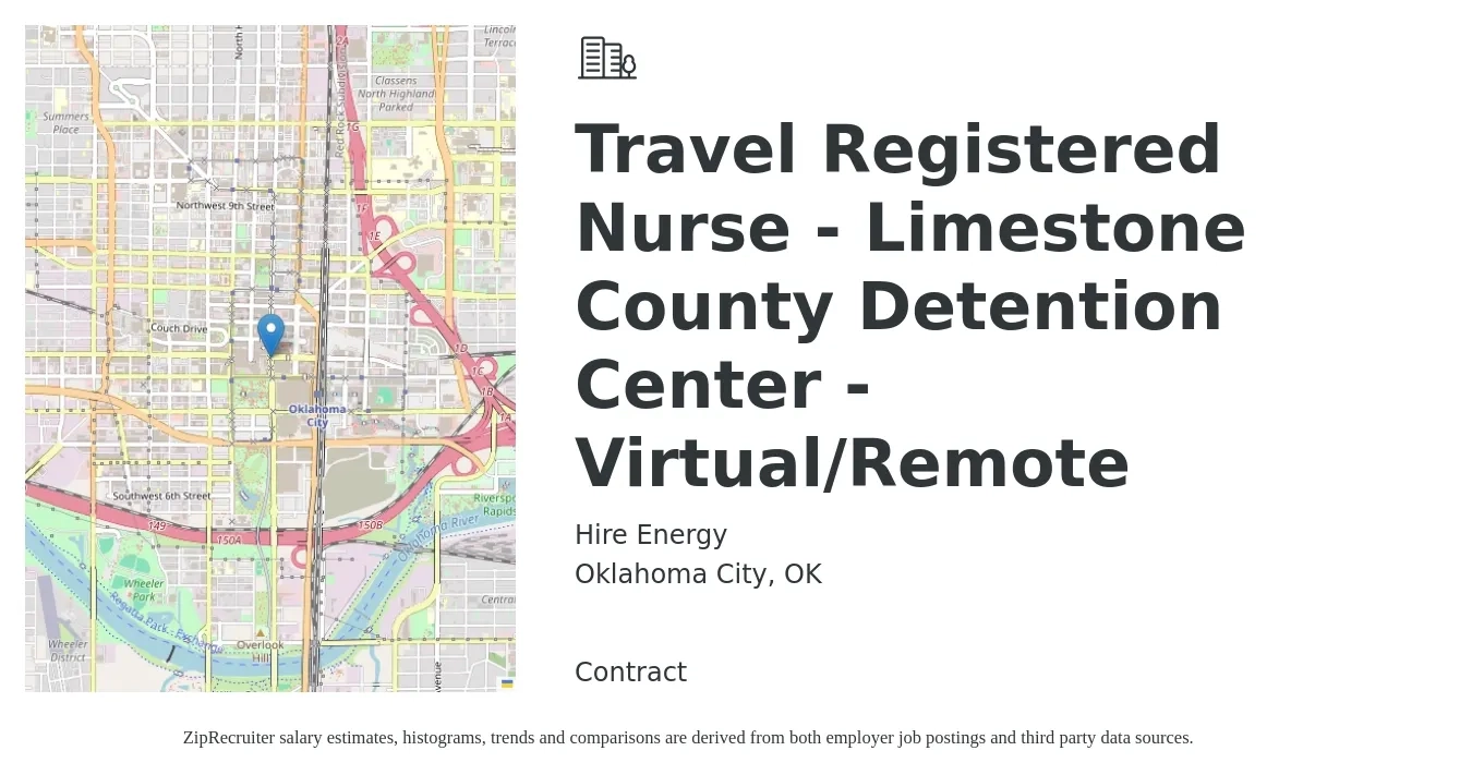 Hire Energy job posting for a Travel Registered Nurse - Limestone County Detention Center - Virtual/Remote in Oklahoma City, OK with a salary of $1,810 to $2,610 Weekly with a map of Oklahoma City location.