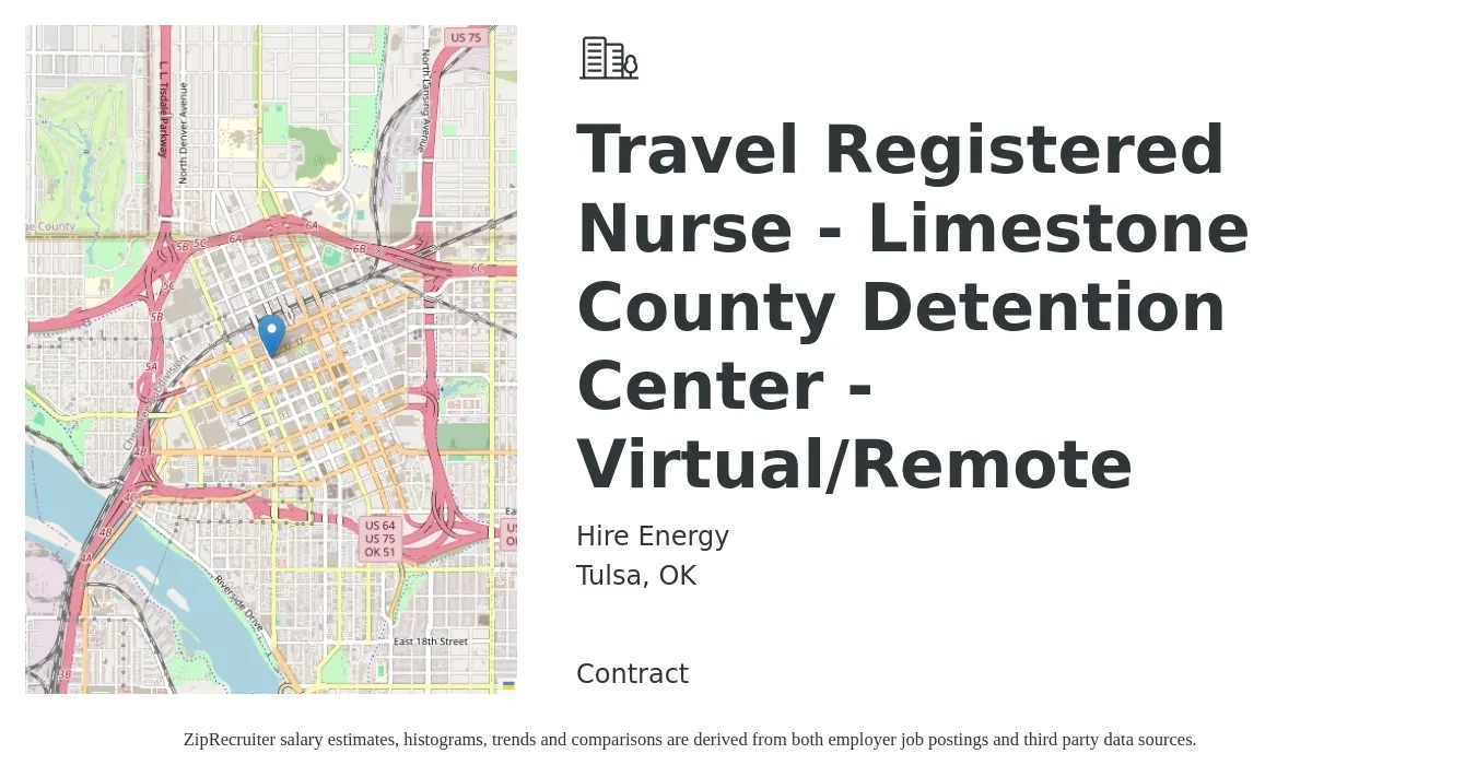 Hire Energy job posting for a Travel Registered Nurse - Limestone County Detention Center - Virtual/Remote in Tulsa, OK with a salary of $1,780 to $2,570 Weekly with a map of Tulsa location.