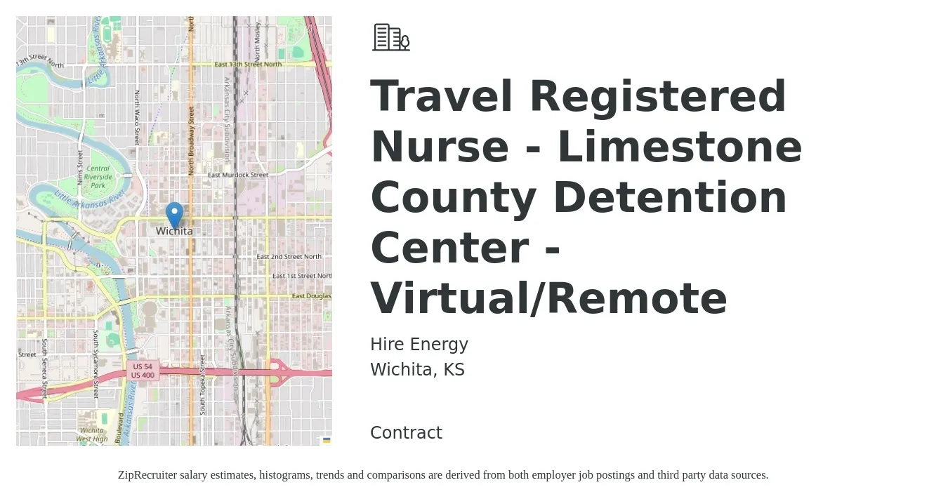 Hire Energy job posting for a Travel Registered Nurse - Limestone County Detention Center - Virtual/Remote in Wichita, KS with a salary of $1,740 to $2,510 Weekly with a map of Wichita location.