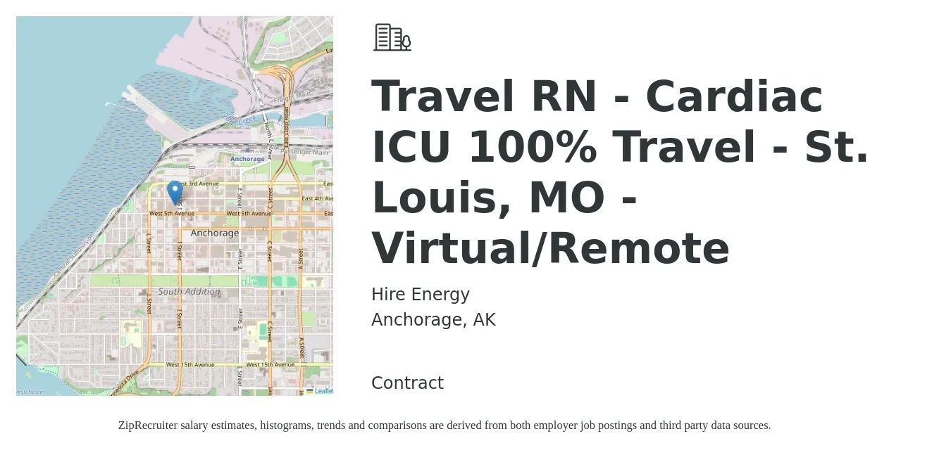 Hire Energy job posting for a Travel RN - Cardiac ICU 100% Travel - St. Louis, MO - Virtual/Remote in Anchorage, AK with a salary of $2,130 to $2,920 Weekly with a map of Anchorage location.
