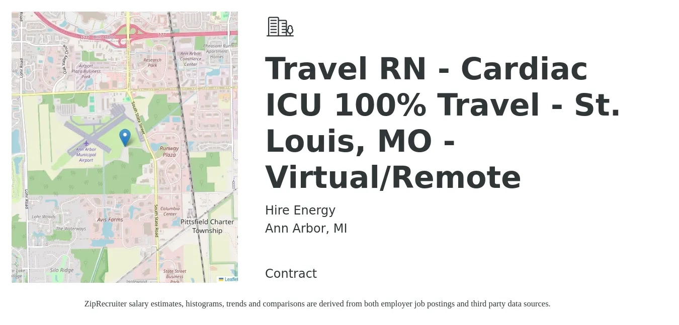 Hire Energy job posting for a Travel RN - Cardiac ICU 100% Travel - St. Louis, MO - Virtual/Remote in Ann Arbor, MI with a salary of $2,030 to $2,800 Weekly with a map of Ann Arbor location.