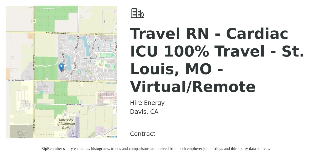 Hire Energy job posting for a Travel RN - Cardiac ICU 100% Travel - St. Louis, MO - Virtual/Remote in Davis, CA with a salary of $2,250 to $3,090 Weekly with a map of Davis location.