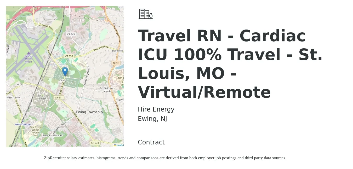 Hire Energy job posting for a Travel RN - Cardiac ICU 100% Travel - St. Louis, MO - Virtual/Remote in Ewing, NJ with a salary of $2,000 to $2,740 Weekly with a map of Ewing location.