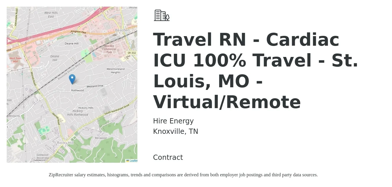 Hire Energy job posting for a Travel RN - Cardiac ICU 100% Travel - St. Louis, MO - Virtual/Remote in Knoxville, TN with a salary of $1,990 to $2,730 Weekly with a map of Knoxville location.