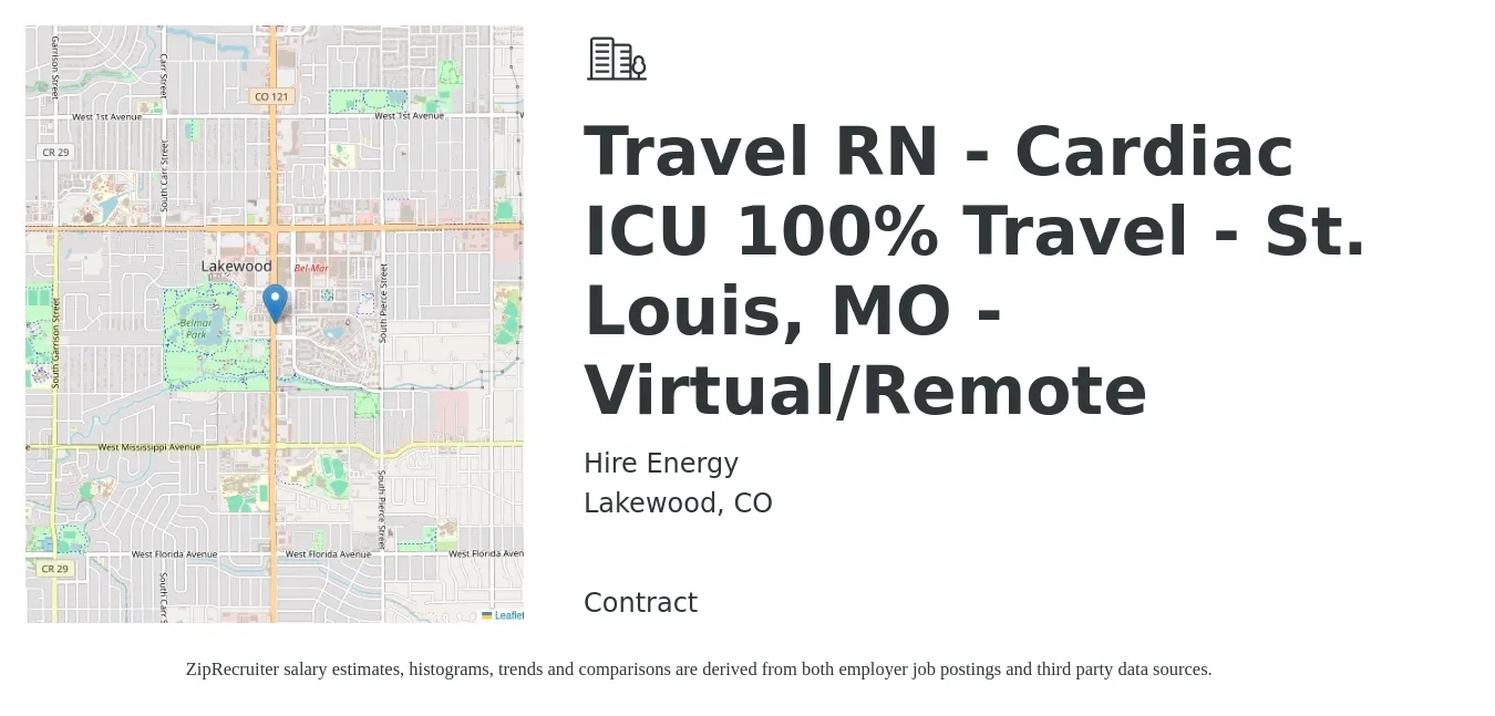 Hire Energy job posting for a Travel RN - Cardiac ICU 100% Travel - St. Louis, MO - Virtual/Remote in Lakewood, CO with a salary of $2,080 to $2,860 Weekly with a map of Lakewood location.