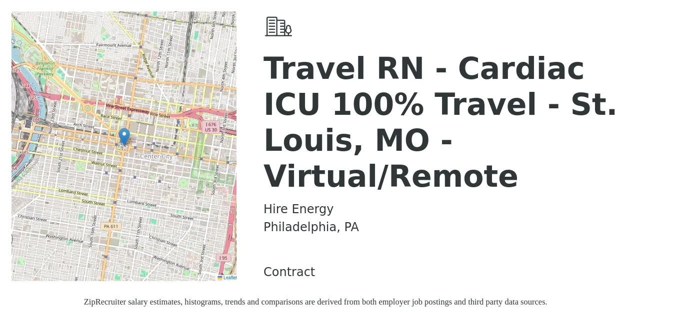 Hire Energy job posting for a Travel RN - Cardiac ICU 100% Travel - St. Louis, MO - Virtual/Remote in Philadelphia, PA with a salary of $2,100 to $2,890 Weekly with a map of Philadelphia location.