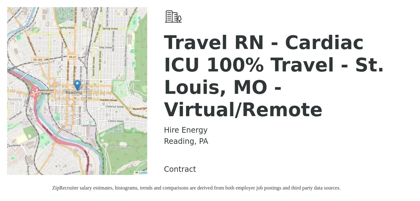 Hire Energy job posting for a Travel RN - Cardiac ICU 100% Travel - St. Louis, MO - Virtual/Remote in Reading, PA with a salary of $2,000 to $2,750 Weekly with a map of Reading location.