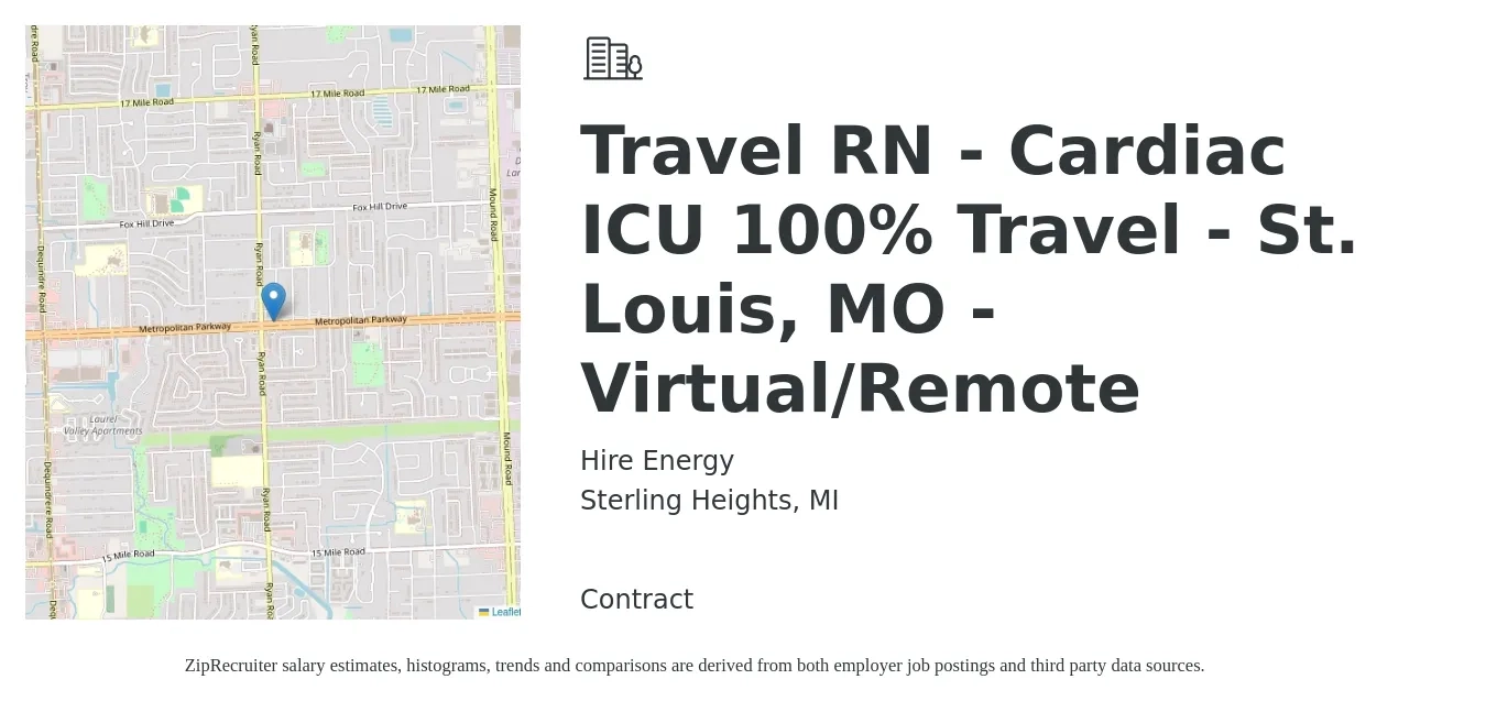 Hire Energy job posting for a Travel RN - Cardiac ICU 100% Travel - St. Louis, MO - Virtual/Remote in Sterling Heights, MI with a salary of $1,940 to $2,660 Weekly with a map of Sterling Heights location.