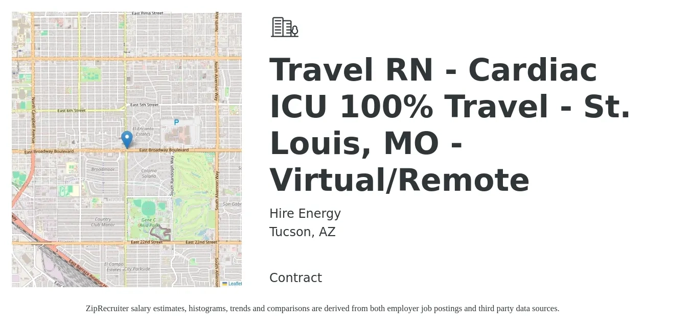Hire Energy job posting for a Travel RN - Cardiac ICU 100% Travel - St. Louis, MO - Virtual/Remote in Tucson, AZ with a salary of $1,970 to $2,700 Weekly with a map of Tucson location.