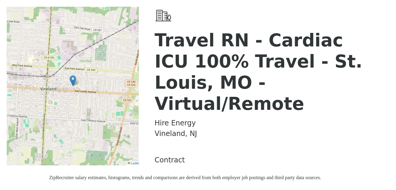 Hire Energy job posting for a Travel RN - Cardiac ICU 100% Travel - St. Louis, MO - Virtual/Remote in Vineland, NJ with a salary of $2,060 to $2,840 Weekly with a map of Vineland location.