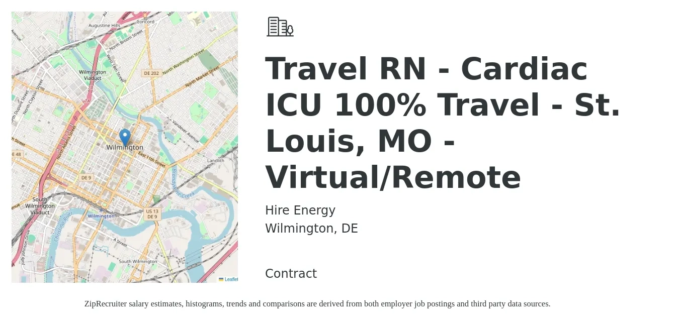 Hire Energy job posting for a Travel RN - Cardiac ICU 100% Travel - St. Louis, MO - Virtual/Remote in Wilmington, DE with a salary of $2,020 to $2,780 Weekly with a map of Wilmington location.