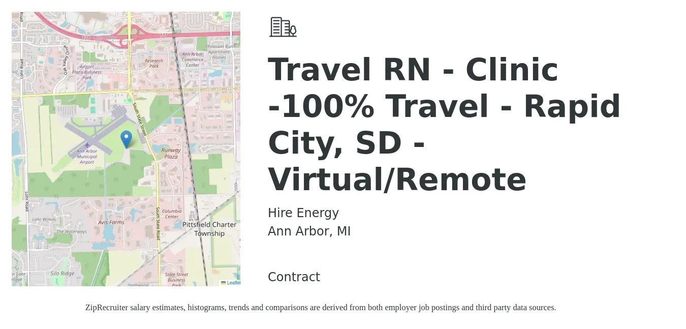 Hire Energy job posting for a Travel RN - Clinic -100% Travel - Rapid City, SD - Virtual/Remote in Ann Arbor, MI with a salary of $1,910 to $2,750 Weekly with a map of Ann Arbor location.