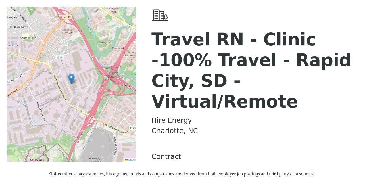 Hire Energy job posting for a Travel RN - Clinic -100% Travel - Rapid City, SD - Virtual/Remote in Charlotte, NC with a salary of $1,900 to $2,740 Weekly with a map of Charlotte location.