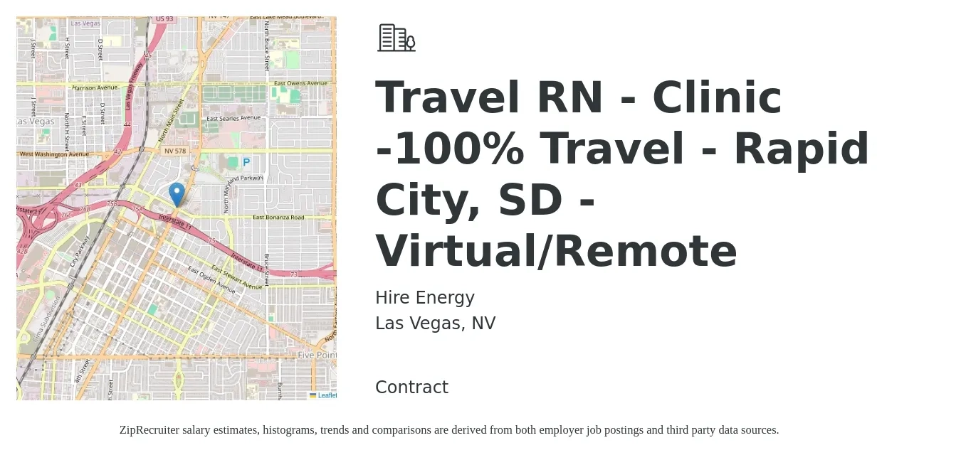 Hire Energy job posting for a Travel RN - Clinic -100% Travel - Rapid City, SD - Virtual/Remote in Las Vegas, NV with a salary of $1,860 to $2,680 Weekly with a map of Las Vegas location.