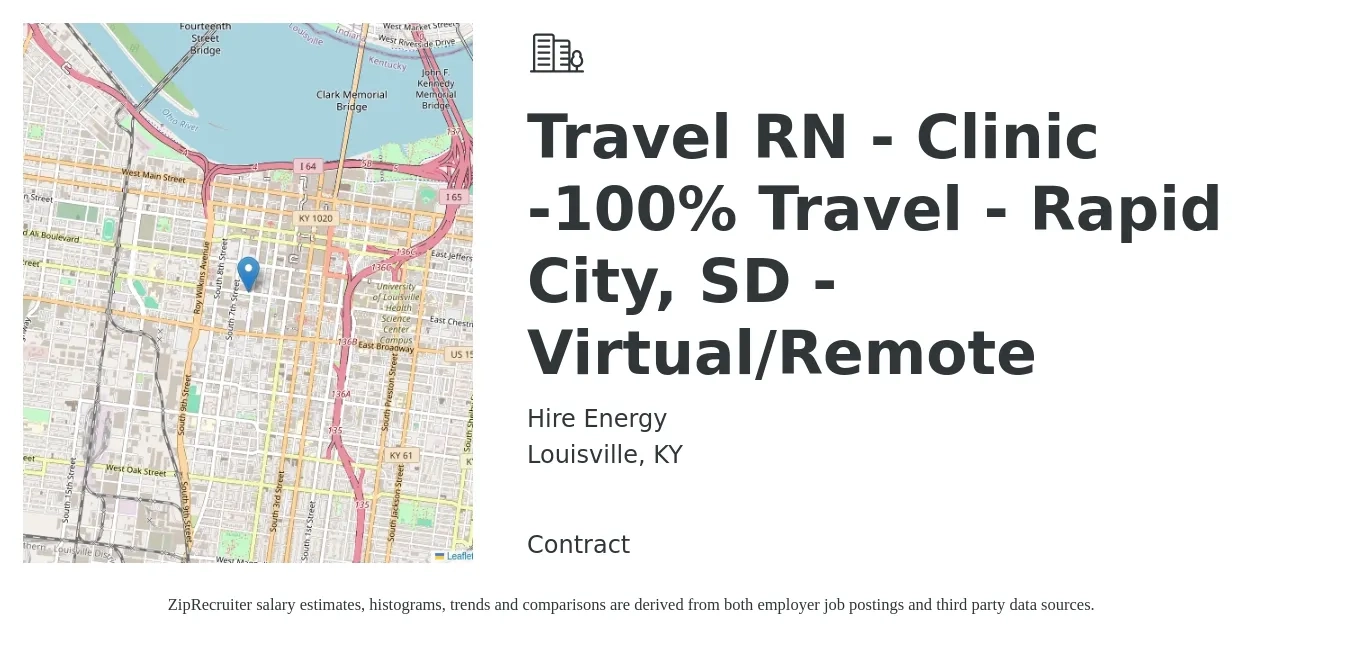 Hire Energy job posting for a Travel RN - Clinic -100% Travel - Rapid City, SD - Virtual/Remote in Louisville, KY with a salary of $1,870 to $2,700 Weekly with a map of Louisville location.