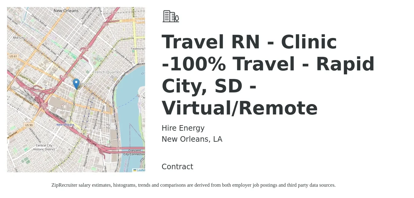 Hire Energy job posting for a Travel RN - Clinic -100% Travel - Rapid City, SD - Virtual/Remote in New Orleans, LA with a salary of $1,870 to $2,700 Weekly with a map of New Orleans location.