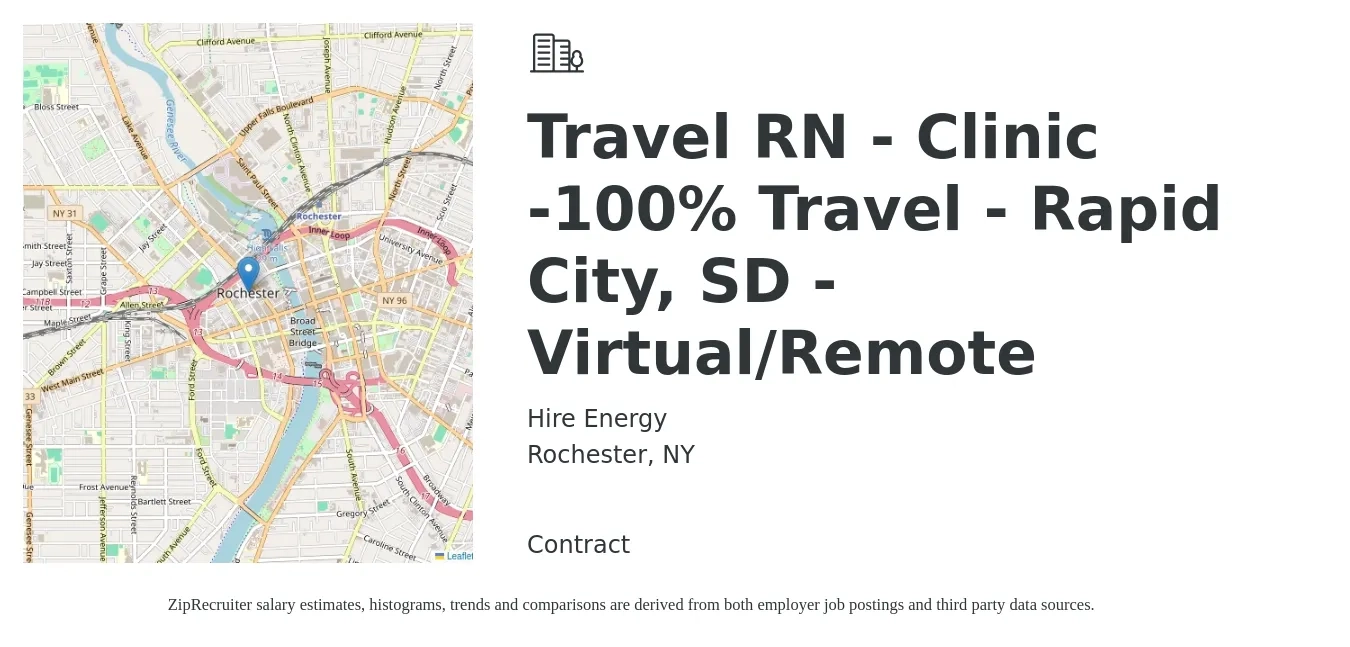 Hire Energy job posting for a Travel RN - Clinic -100% Travel - Rapid City, SD - Virtual/Remote in Rochester, NY with a salary of $1,920 to $2,770 Weekly with a map of Rochester location.
