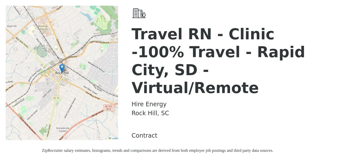 Hire Energy job posting for a Travel RN - Clinic -100% Travel - Rapid City, SD - Virtual/Remote in Rock Hill, SC with a salary of $1,620 to $2,330 Weekly with a map of Rock Hill location.