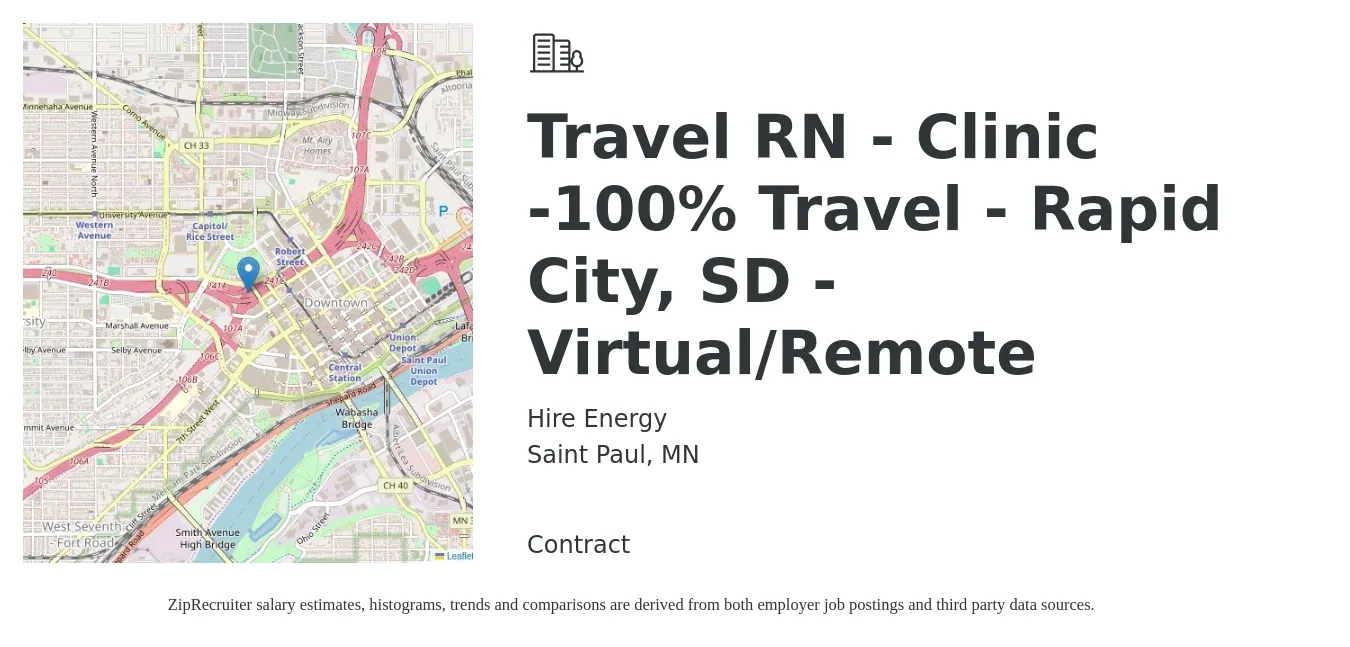 Hire Energy job posting for a Travel RN - Clinic -100% Travel - Rapid City, SD - Virtual/Remote in Saint Paul, MN with a salary of $1,970 to $2,840 Weekly with a map of Saint Paul location.