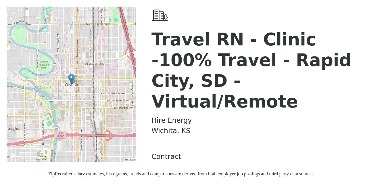 Hire Energy job posting for a Travel RN - Clinic -100% Travel - Rapid City, SD - Virtual/Remote in Wichita, KS with a salary of $1,740 to $2,510 Weekly with a map of Wichita location.